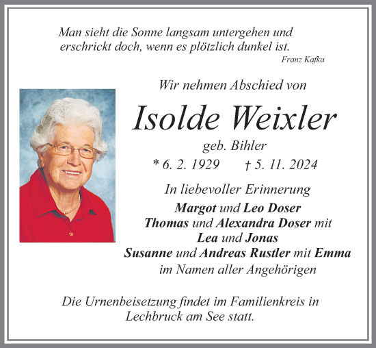 Traueranzeige von Isolde Weixler von Allgäuer Zeitung, Füssen
