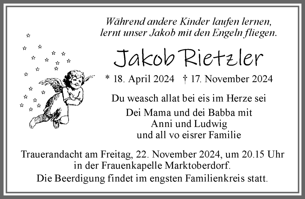  Traueranzeige für Jakob Rietzler vom 21.11.2024 aus Allgäuer Zeitung, Kaufbeuren/Buchloe