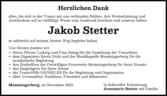 Traueranzeige von Jakob Stetter von Memminger Zeitung