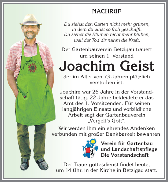 Traueranzeige von Joachim Geist von Allgäuer Zeitung,Kempten