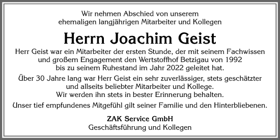 Traueranzeige von Joachim Geist von Allgäuer Zeitung,Kempten