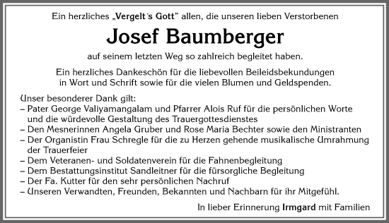 Traueranzeige von Josef Baumberger von Memminger Zeitung