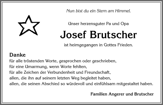 Traueranzeige von Josef Brutscher von Allgäuer Zeitung, Kaufbeuren/Buchloe