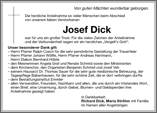 Traueranzeige von Josef Dick von Memminger Zeitung