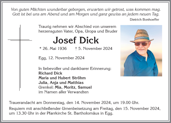 Traueranzeige von Josef Dick von Memminger Zeitung