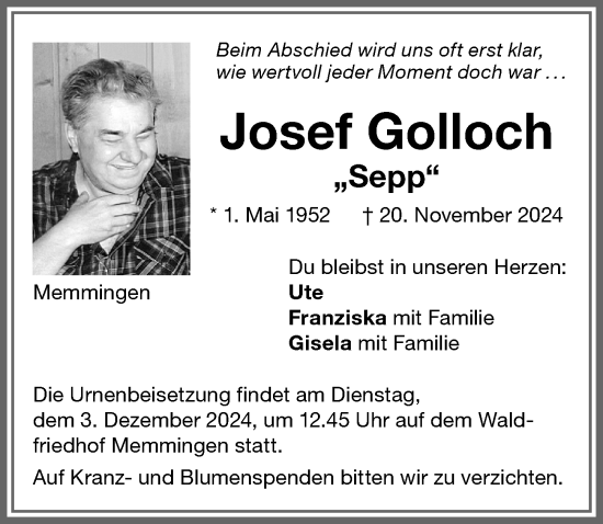 Traueranzeige von Josef Golloch von Memminger Zeitung