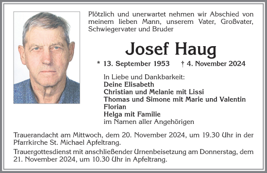 Traueranzeige von Josef Haug von Augsburger Allgemeine, Mindelheimer Zeitung