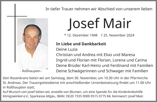 Traueranzeige von Josef Mair von Allgäuer Zeitung, Füssen