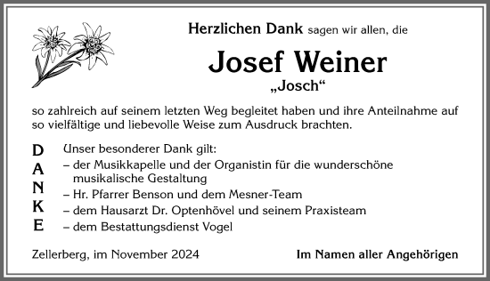 Traueranzeige von Josef Weiner von Mindelheimer Zeitung, Augsburger Allgemeine