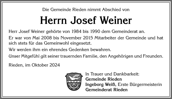 Traueranzeige von Josef Weiner von Allgäuer Zeitung, Kaufbeuren/Buchloe