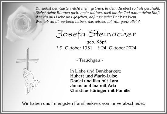 Traueranzeige von Josefa Steinacher von Allgäuer Zeitung, Füssen