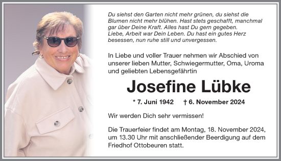 Traueranzeige von Josefine Lübke von Memminger Zeitung
