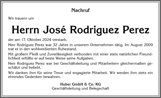 Traueranzeige von Jose Rodriguez Perez von Allgäuer Zeitung, Kaufbeuren/Buchloe
