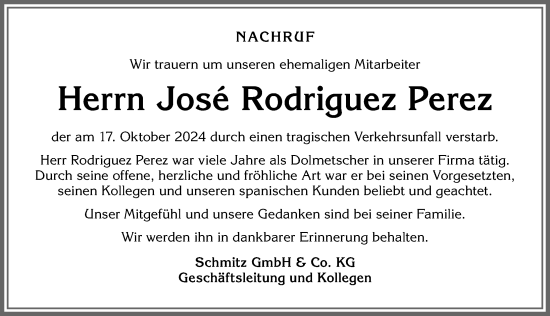 Traueranzeige von Jose Rodriguez Perez von Allgäuer Zeitung, Kaufbeuren/Buchloe