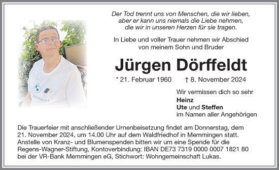 Traueranzeige von Jürgen Dörffeldt von Memminger Zeitung
