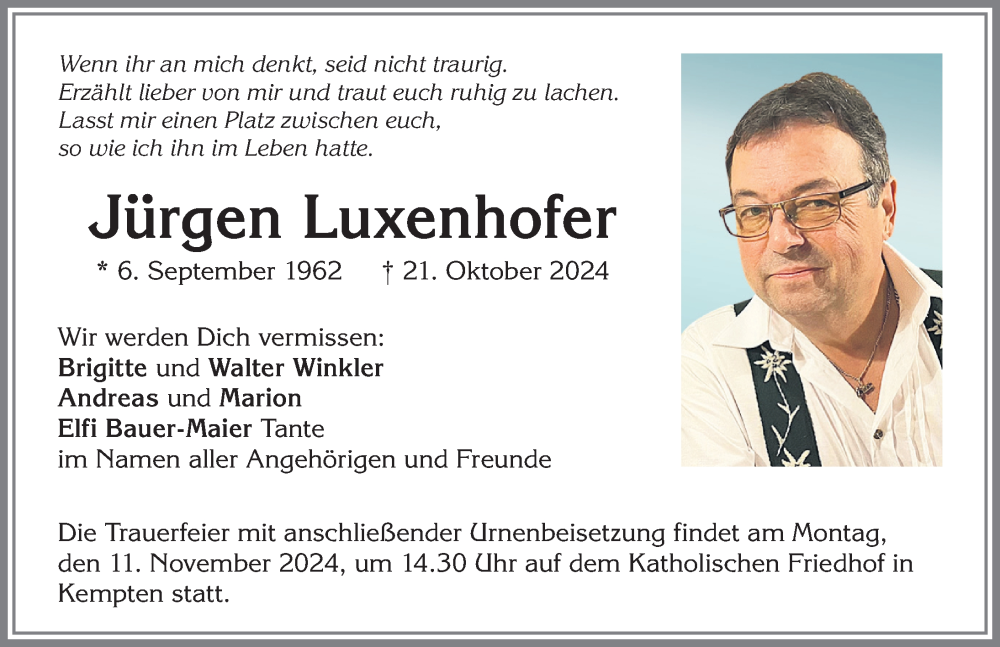  Traueranzeige für Jürgen Luxenhofer vom 02.11.2024 aus Allgäuer Zeitung,Kempten