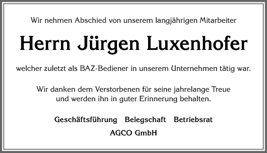 Traueranzeige von Jürgen Luxenhofer von Allgäuer Zeitung, Marktoberdorf