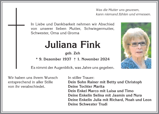 Traueranzeige von Juliana Fink von Allgäuer Zeitung,Kempten