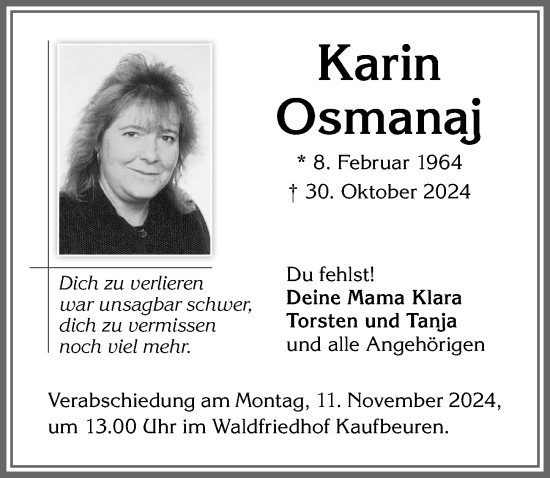 Traueranzeige von Karin Osmanaj von Allgäuer Zeitung, Kaufbeuren/Buchloe