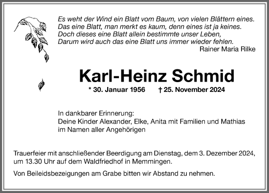 Traueranzeige von Karl-Heinz Schmid von Memminger Zeitung