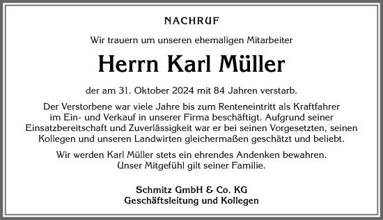 Traueranzeige von Karl Müller von Allgäuer Zeitung, Kaufbeuren/Buchloe