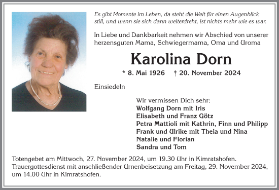 Traueranzeige von Karolina Dorn von Allgäuer Zeitung,Kempten