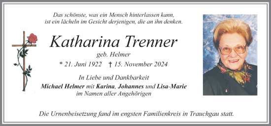 Traueranzeige von Katharina Trenner von Allgäuer Zeitung, Füssen