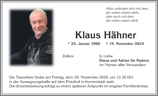 Traueranzeige von Klaus Hähner von Allgäuer Anzeigeblatt