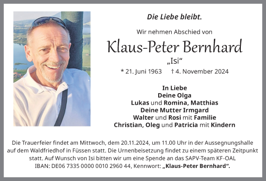 Traueranzeige von Klaus-Peter Bernhard von Allgäuer Zeitung, Füssen