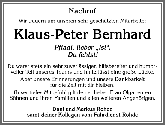 Traueranzeige von Klaus-Peter Bernhard von Allgäuer Zeitung, Füssen