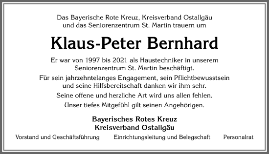 Traueranzeige von Klaus-Peter Bernhard von Allgäuer Zeitung, Füssen