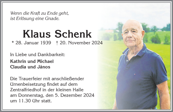 Traueranzeige von Klaus Schenk von Allgäuer Zeitung,Kempten