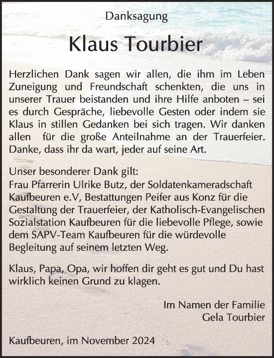 Traueranzeige von Klaus Tourbier von Allgäuer Zeitung, Kaufbeuren/Buchloe