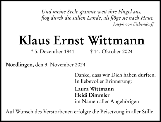 Traueranzeige von Klaus Ernst Wittmann von Allgäuer Zeitung,Kempten