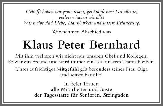 Traueranzeige von Klaus Peter Bernhard von Allgäuer Zeitung, Füssen