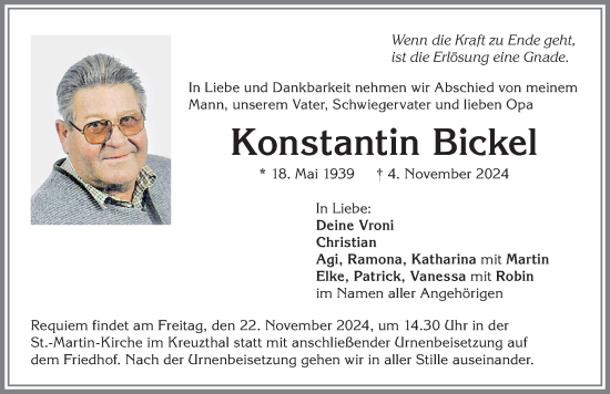 Traueranzeige von Konstantin Bickel von Allgäuer Zeitung,Kempten