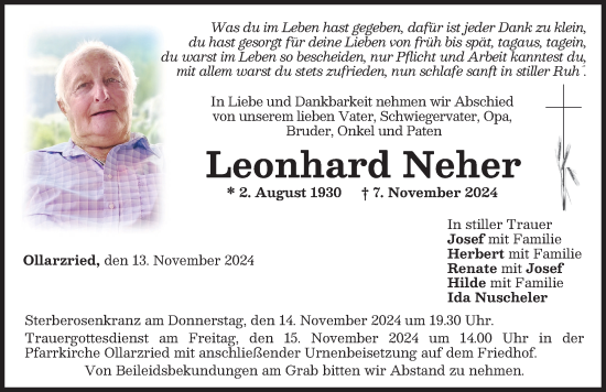 Traueranzeige von Leonhard Neher von Memminger Zeitung