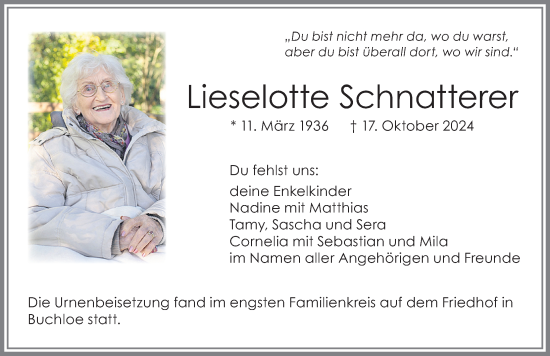 Traueranzeige von Lieselotte Schnatterer von Allgäuer Zeitung, Kaufbeuren/Buchloe