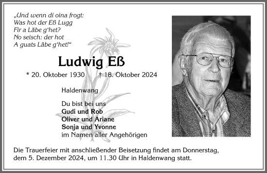 Traueranzeige von Ludwig Eß von Allgäuer Zeitung,Kempten