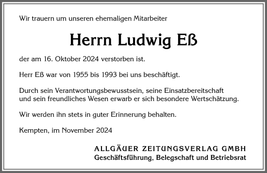 Traueranzeige von Ludwig Eß von Allgäuer Zeitung,Kempten