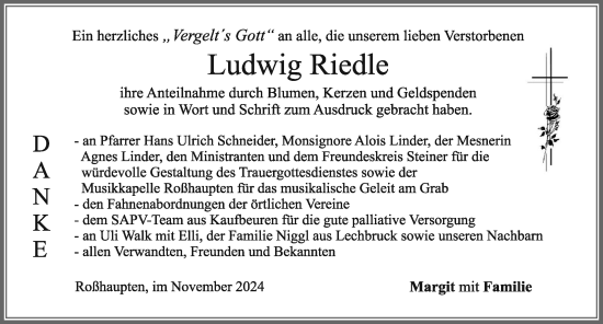 Traueranzeige von Ludwig Riedle von Allgäuer Zeitung, Füssen
