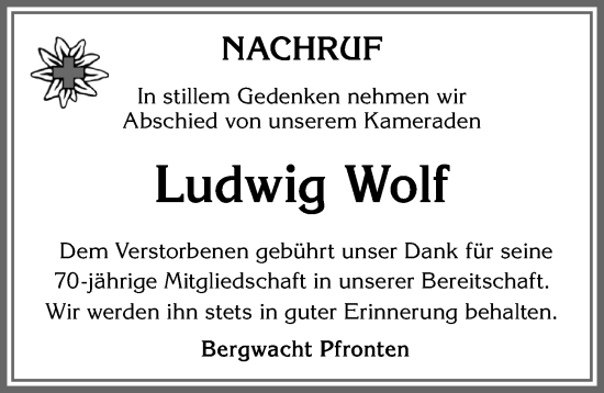 Traueranzeige von Ludwig Wolf von Allgäuer Zeitung, Füssen