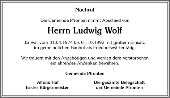 Traueranzeige von Ludwig Wolf von Allgäuer Zeitung, Füssen