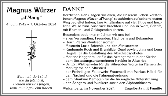 Traueranzeige von Magnus Würzer von Allgäuer Zeitung,Kempten