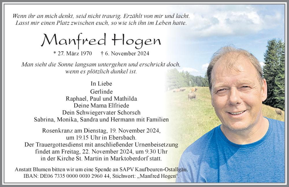  Traueranzeige für Manfred Hogen vom 16.11.2024 aus Allgäuer Zeitung, Marktoberdorf