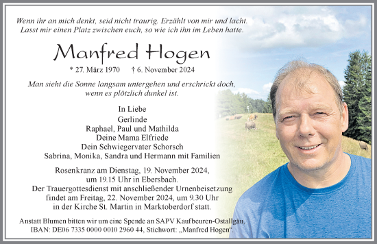 Traueranzeige von Manfred Hogen von Allgäuer Zeitung, Marktoberdorf
