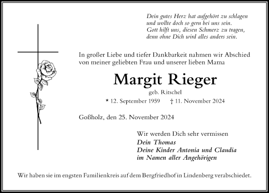 Traueranzeige von Margit Rieger von Der Westallgäuer