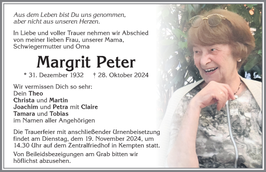 Traueranzeige von Margrit Peter von Allgäuer Zeitung,Kempten