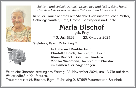 Traueranzeige von Maria Bischof von Allgäuer Zeitung, Kaufbeuren/Buchloe