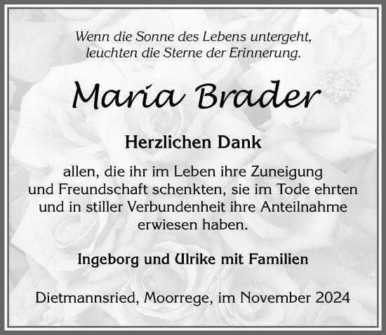 Traueranzeige von Maria Brader von Memminger Zeitung